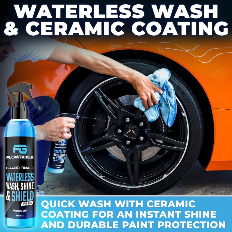Flowgenix Grand Slam 5-Pack - Waterless Car Wash Detailing Spray, Tire Shine Gel, Scratch Remover, Wheel Metal Rust Cleaner, Interior Cleaner & Protector, 2 Microfiber Towels - Image 3