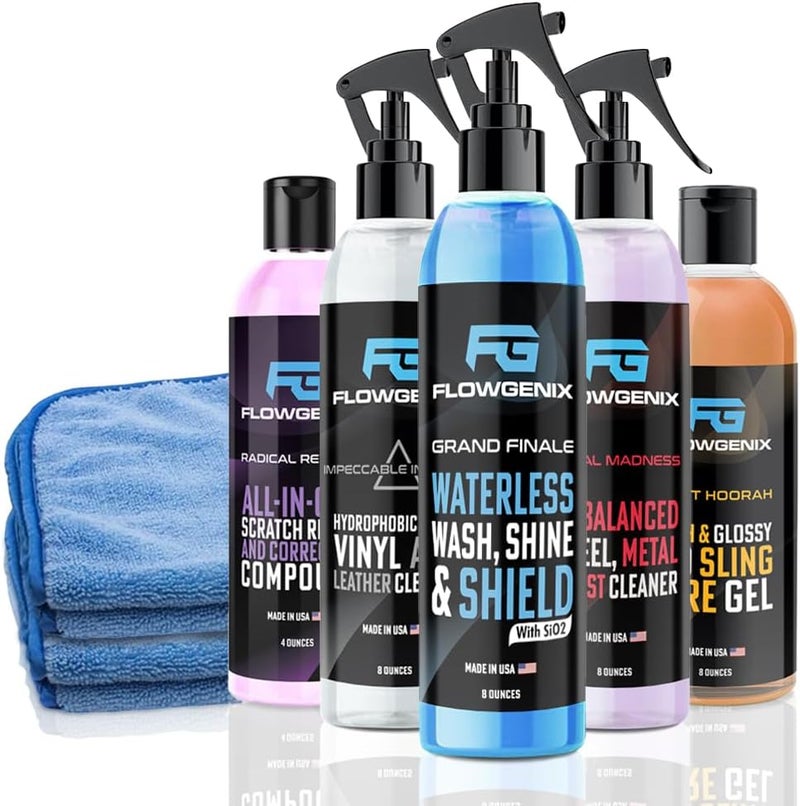 Flowgenix Grand Slam 5-Pack - Waterless Car Wash Detailing Spray, Tire Shine Gel, Scratch Remover, Wheel Metal Rust Cleaner, Interior Cleaner & Protector, 2 Microfiber Towels - Image 1