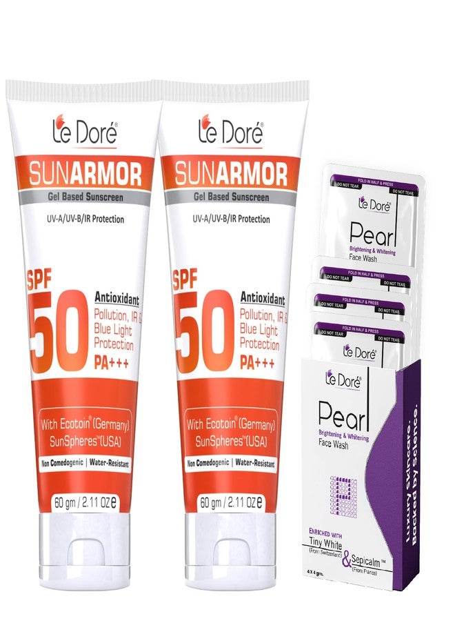 Le Dore Sunarmor SPF 50 PA+++ Gel Sunscreen | Broad Spectrum Protection from UVA/UVB, IR, Blue Light & Pollution | 60g Each | Pack of 2 With Free Pearl Face Wash Travel Kit - Image 2