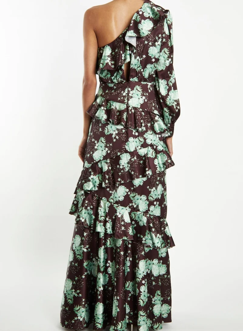 True Decadence  Ottilie Brown-Sage-Rose One-Shoulder Ruffled Layered Maxi-Dress for Women | Best Price UAE