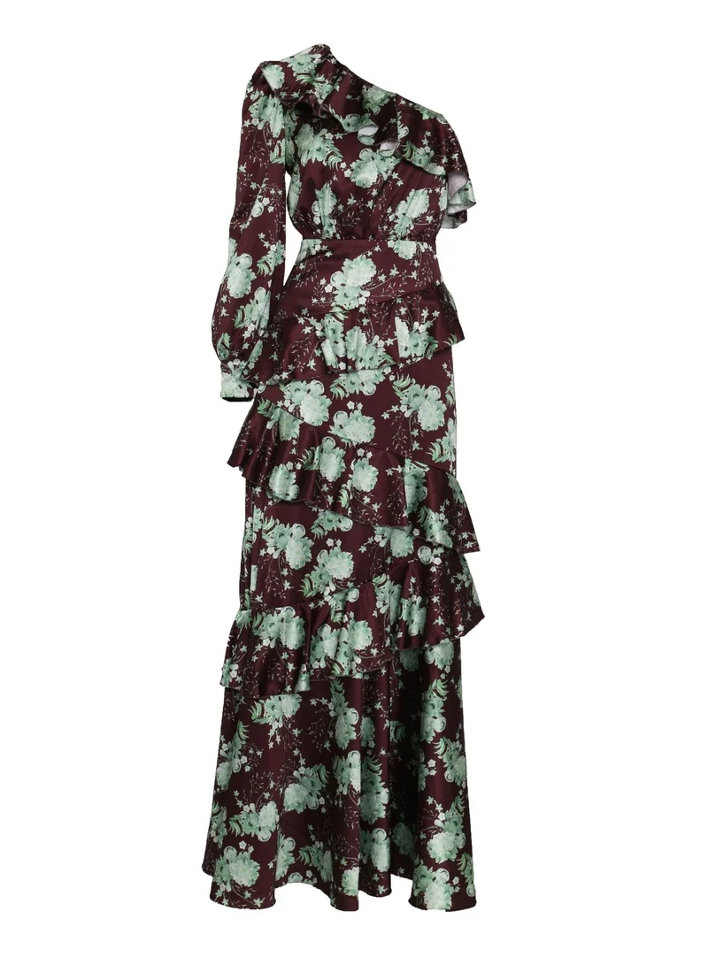 True Decadence  Ottilie Brown-Sage-Rose One-Shoulder Ruffled Layered Maxi-Dress for Women | Best Price UAE