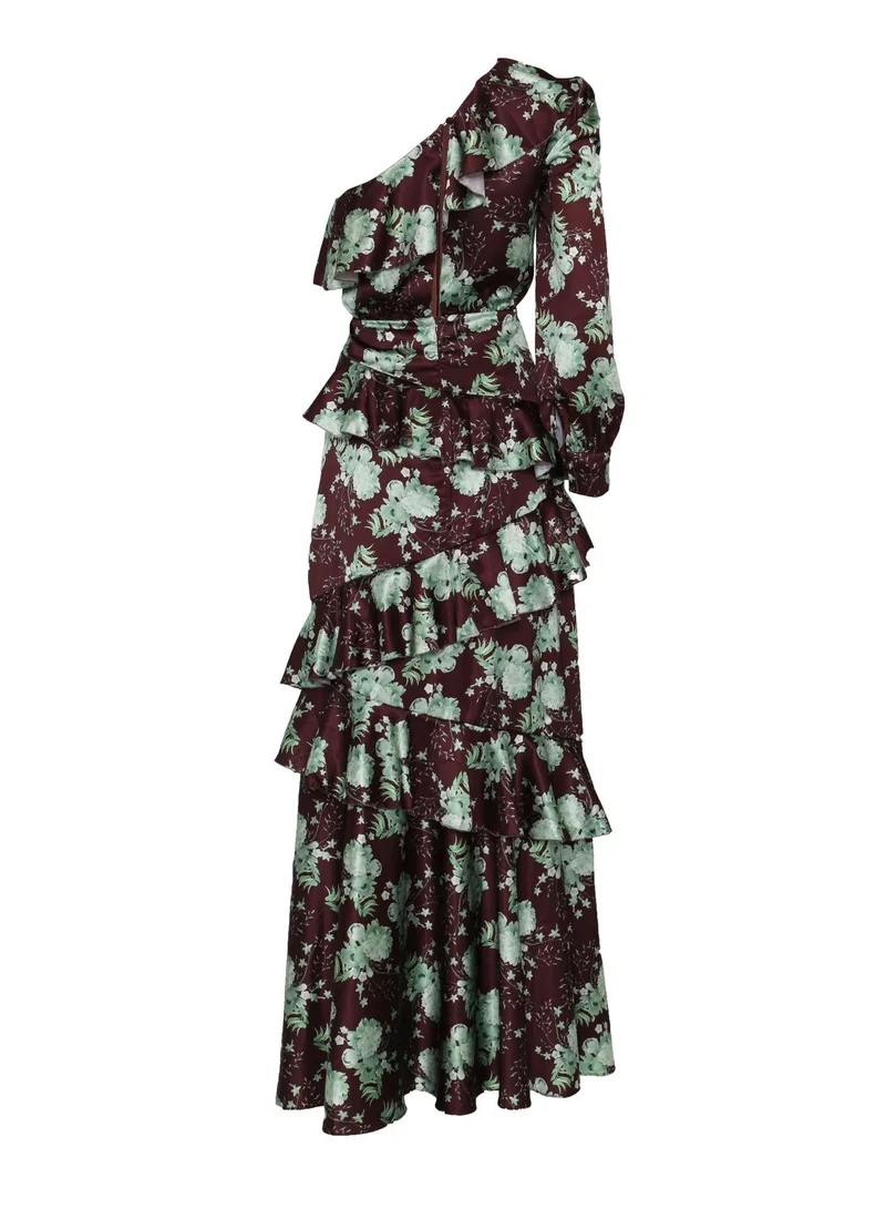 True Decadence  Ottilie Brown-Sage-Rose One-Shoulder Ruffled Layered Maxi-Dress for Women | Best Price UAE