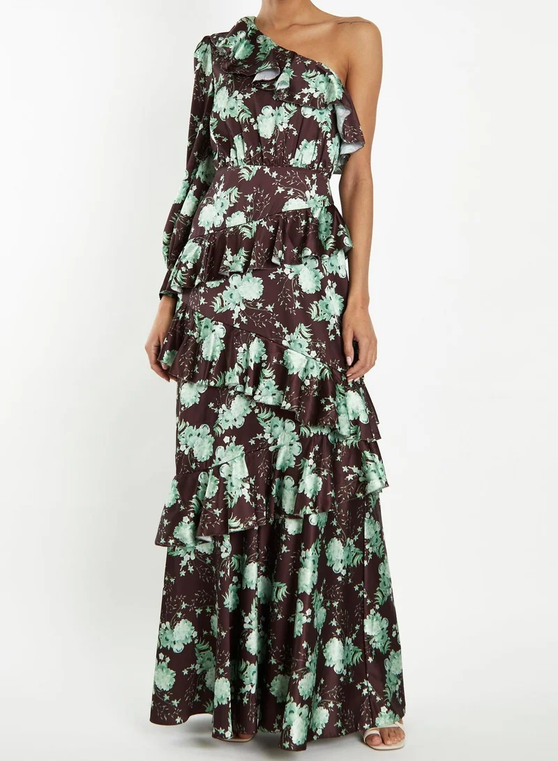 ترو ديكادينس Ottilie Brown-Sage-Rose One-Shoulder Ruffled Layered Maxi-Dress