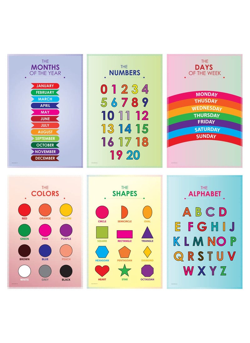 SWASUM Kids Educational Posters for learning Alphabets Numbers Shapes Color Week days Month names for Preschool Playschool Activities Charts Pack of 06 18 inch X 12 inch 