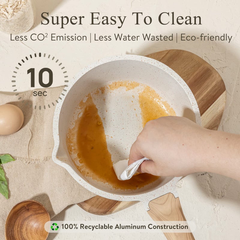 CAROTE 1.5Qt & 2.5Qt Sauce Pan Set with Lid Nonstick Saucepan 4 Pcs Non Stick Sauce Pots Cooking Pot with Pour Spout, Easy to Clean, Small Kitchen Pots Induction Pot, PFOA FREE (White Granite) - Image 3