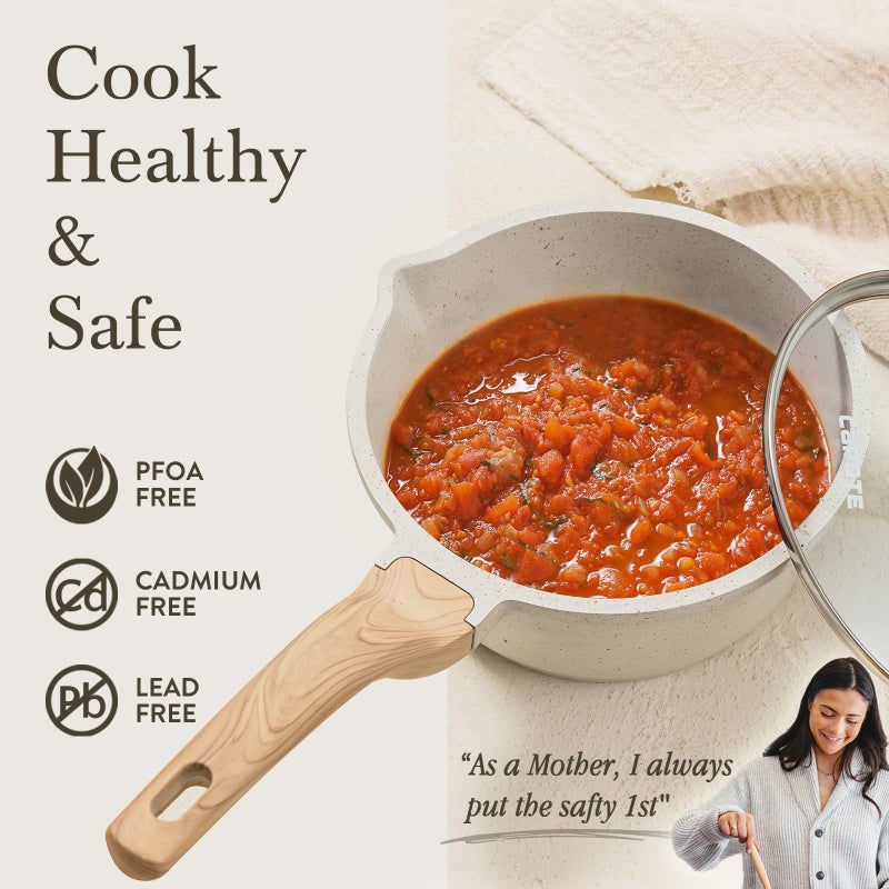 CAROTE 1.5Qt & 2.5Qt Sauce Pan Set with Lid Nonstick Saucepan 4 Pcs Non Stick Sauce Pots Cooking Pot with Pour Spout, Easy to Clean, Small Kitchen Pots Induction Pot, PFOA FREE (White Granite) - Image 4