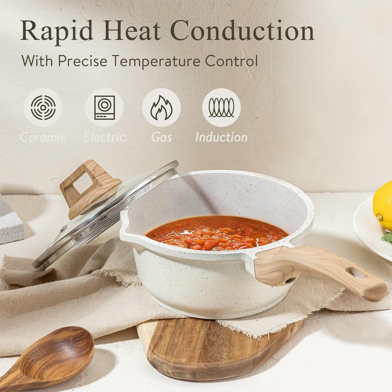 CAROTE 1.5Qt & 2.5Qt Sauce Pan Set with Lid Nonstick Saucepan 4 Pcs Non Stick Sauce Pots Cooking Pot with Pour Spout, Easy to Clean, Small Kitchen Pots Induction Pot, PFOA FREE (White Granite) - Image 5