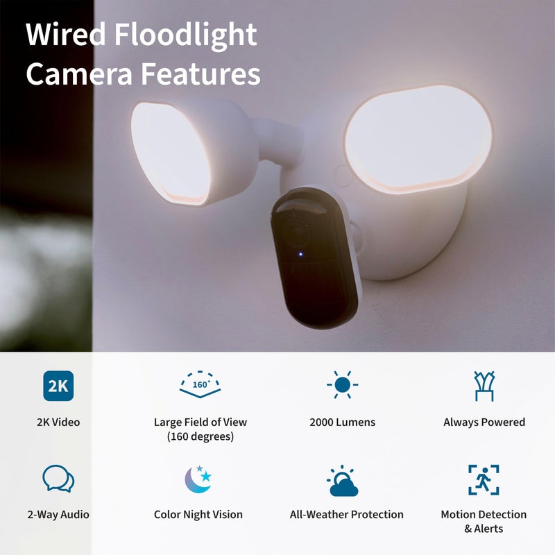Arlo Wired Floodlight Camera, Home Security Camera with 2K Video and HDR, 2000 Lumens, Integrated Siren, Weather-Resistant, Color Night Vision, 160Âº Field of View, 2-Way Audio, White (2025) - Image 2
