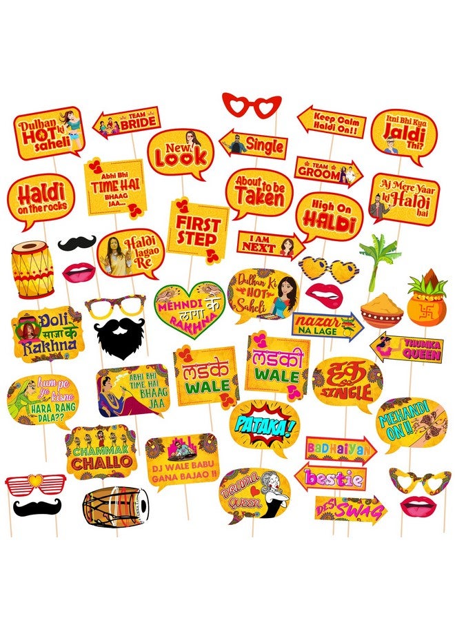 Zyozique ® Mehndi Photo Booth Props and Haldi Photo Booth Props for Wedding, Props for Bride and Family, Bride to Be Props (Pack of 49) Photobooth Card Size - Lenth-6.7 inch and Width-4.5 inch - Image 1