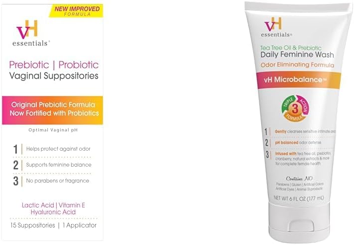 vH essentials Prebiotic Vaginal Suppositories 15 Count and Tea Tree Oil Feminine Wash Bundle