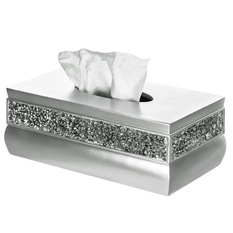 Creative Scents Crackled Glass Silver Tissue Box Cover Rectangular Decorative Bling Tissue Box Holder with Beautiful Mosaic Glass Elegant Tissue Holder for Bathroom with Durable Bottom Slider Silver Collection - Image 1