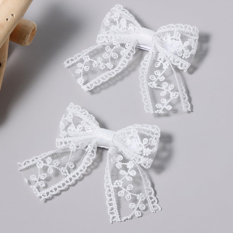 Miroksh 3" Small White Lace Hair Bow Clips with Long Tail Ribbon Bow Alligator Barrettes Pins Teen Toddler Baby Flower Girls Wedding Communion Pageant Birthday Party Dress Decor Accessories Gift - Image 1