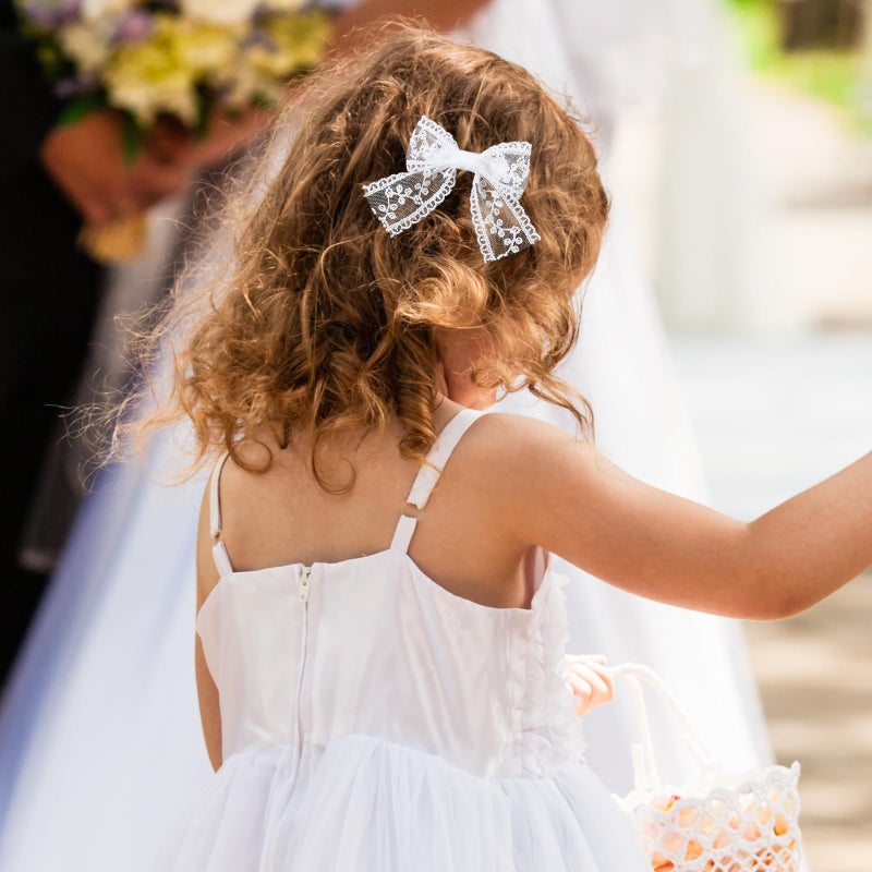 Miroksh 3" Small White Lace Hair Bow Clips with Long Tail Ribbon Bow Alligator Barrettes Pins Teen Toddler Baby Flower Girls Wedding Communion Pageant Birthday Party Dress Decor Accessories Gift - Image 2