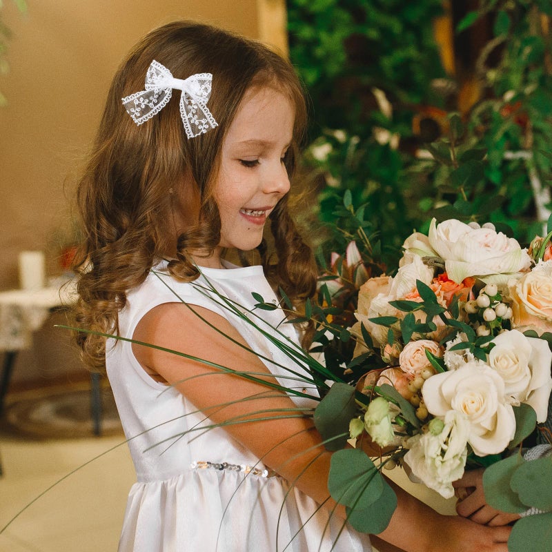 Miroksh 3" Small White Lace Hair Bow Clips with Long Tail Ribbon Bow Alligator Barrettes Pins Teen Toddler Baby Flower Girls Wedding Communion Pageant Birthday Party Dress Decor Accessories Gift - Image 4