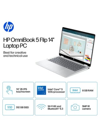 (Upgraded Version) OmniBook 5 Flip 2-in-1 Laptop With 14-Inch 2K Touch-Screen Display, Intel Core 5 Processor/8GB RAM/512GB SSD/Intel Arc Graphics/Windows 11 Home  Glacier   Glacier English Glacier Silver - view 2