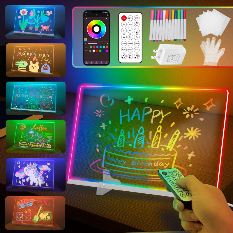 BLAZART LED Note Board with Colors, Glass Led Drawing Board with 12 Colors & 320 Dynamic Effects, Light Up Drawing Board with 12 Pens, Cleaning Cloth & Gloves, 11.81’’X7.87’’ - Image 1