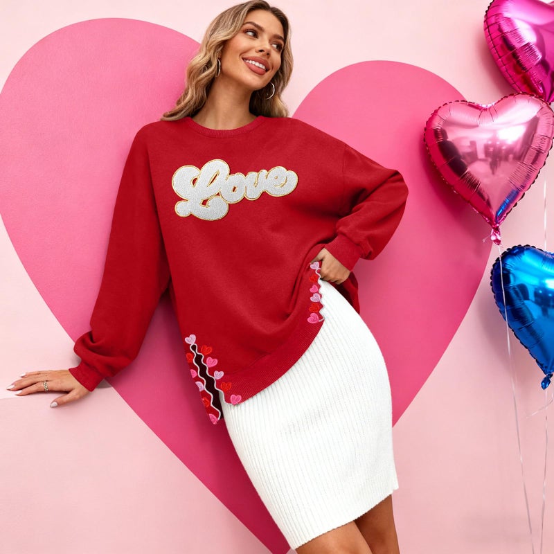 PECHAR Valentine Sweatshirts Women Love Valentines Shirts Embroidered Crewneck Long Sleeve Tops With Side Heart Applique - Image 2