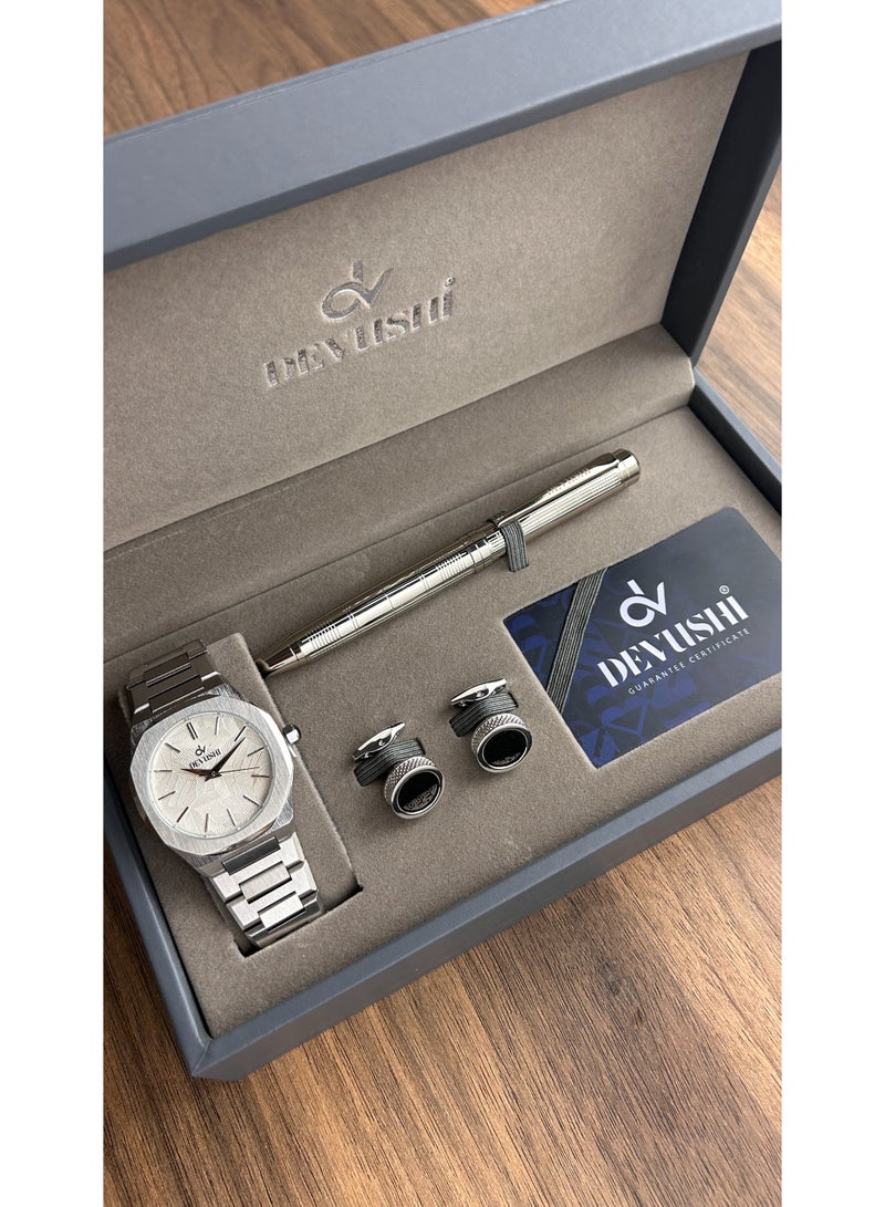 ديفوشي طقم ديفوشي رجالي فاخر – ساعة يد استيل فضي + قلم + كبك – ضمان سنتين - Image 1