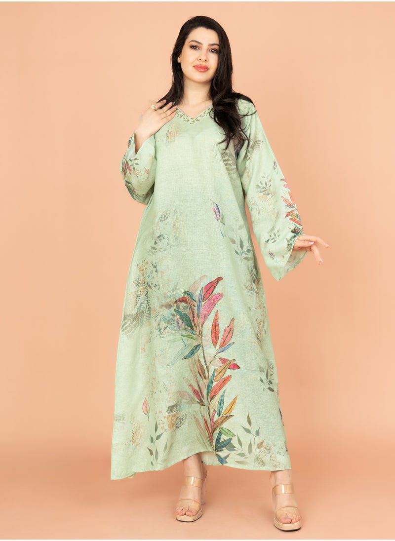IKKXA Graceful Floral Highlight Jalabiya IN1849 Green  - Image 1