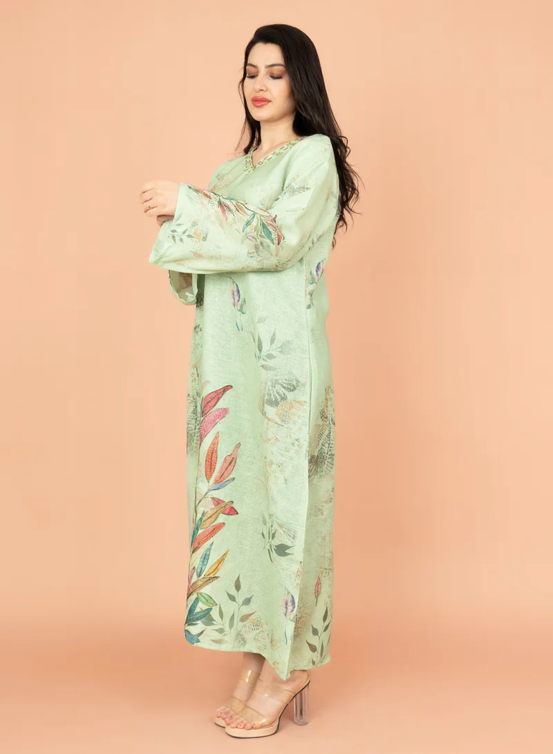 IKKXA Graceful Floral Highlight Jalabiya IN1849 Green