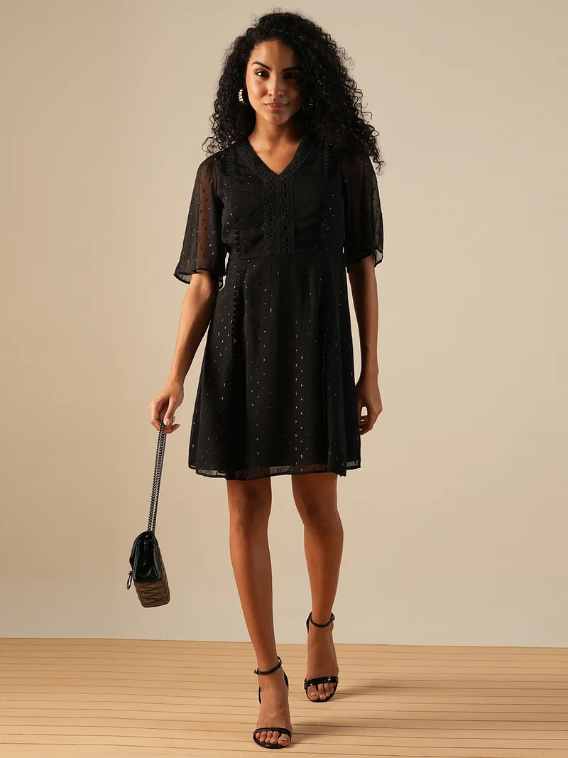globus Globus Women V-Neck Flared Sleeves Shiny Self Design Lace Inserts Mini A-Line Party Dress