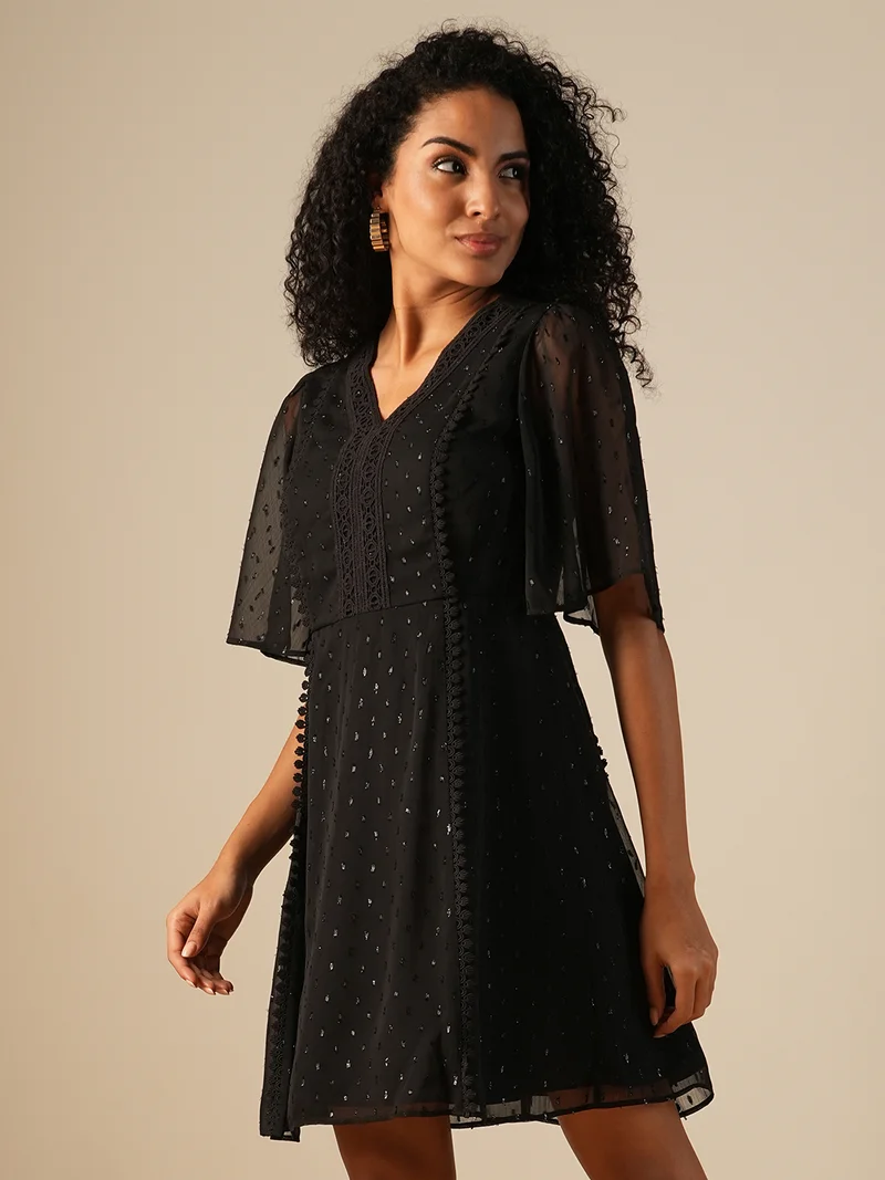 globus Globus Women V-Neck Flared Sleeves Shiny Self Design Lace Inserts Mini A-Line Party Dress