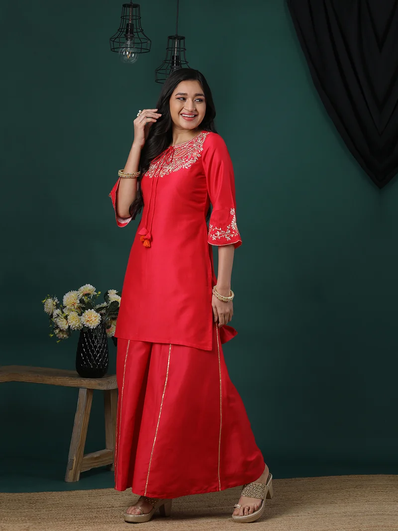 globus Globus Women Floral Embroidered Regular Thread Work Kurta With Palazzos Festive Set