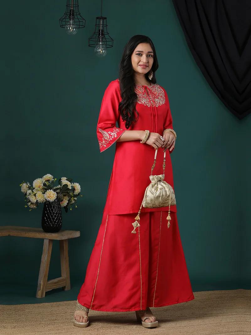 globus Globus Women Floral Embroidered Regular Thread Work Kurta With Palazzos Festive Set