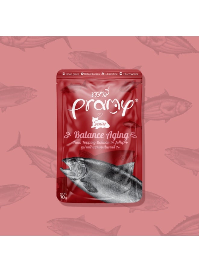 Pramy Tuna and Salmon in Jelly Wet Food for Senior Cats +7 70 g Pramy Pouches - Carton 12 Pcs  - Image 1