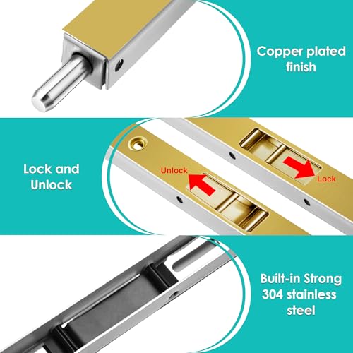 Ceoighe 2 Pack 7 Inch Flush Bolt for Double Door, Heavy Duty Chrome Plating Flush Latch Bolts, French Lock for Opening and Composite Wood Double Dummy Door (Copper Plating Color) - Image 3