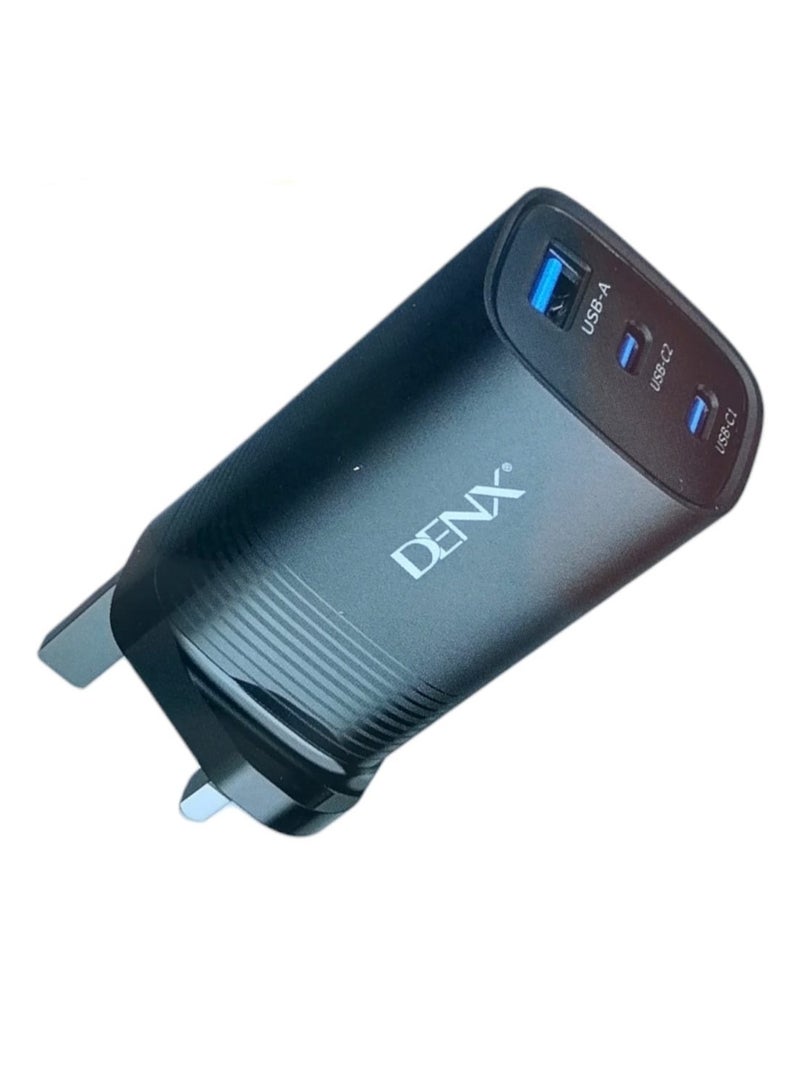 Denx 67W wall charger - 3 ports, 2 PD and 1 USB - black - Image 1