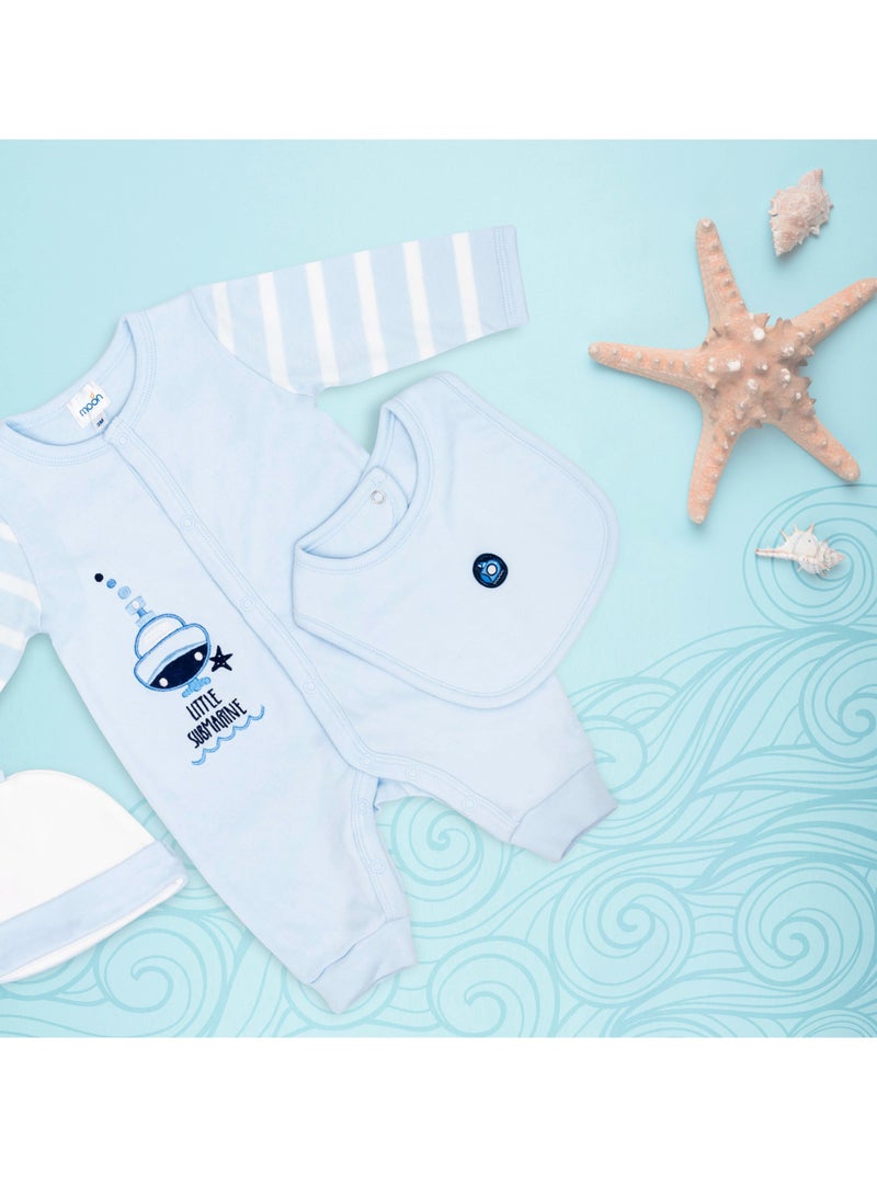 MOON 100% Cotton Sleepsuit, Hat And Bib 3pcs 3-6M Blue - Little Submarine - Image 5