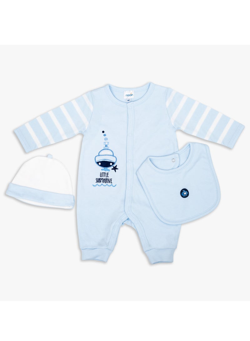 MOON 100% Cotton Sleepsuit, Hat And Bib 3pcs 3-6M Blue - Little Submarine - Image 1