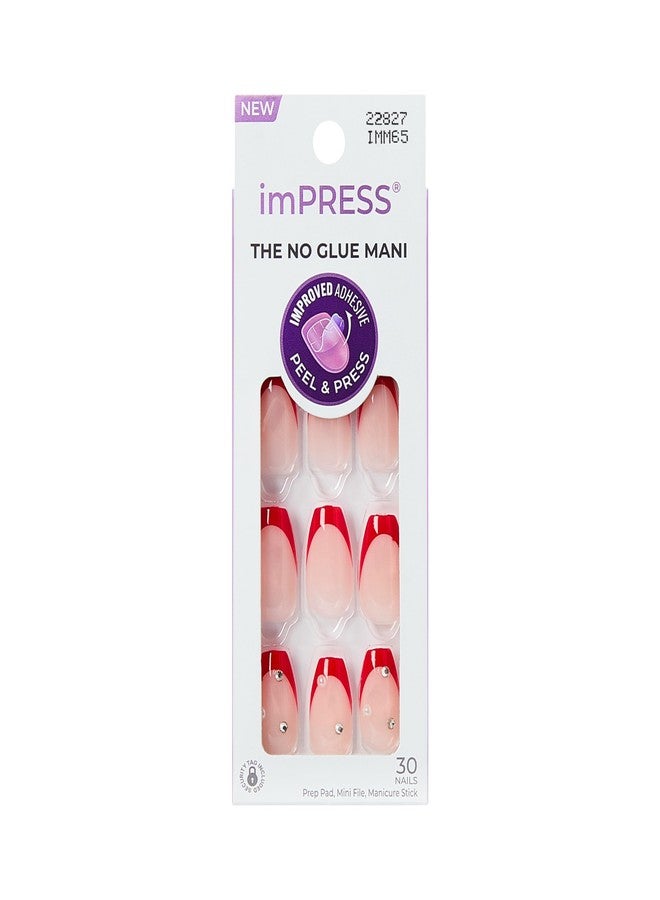 Impress Kiss Impress No Glue Mani Press On Nails, Design, 'Happy World', Red, Medium Size, Coffin Shape, Includes 30 Nails, Prep Pad, Instructions Sheet, 1 Manicure Stick, 1 Mini File