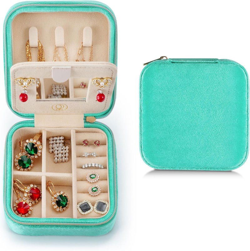 ZPROW Plush Velvet Travel Jewelry Case, Travel Jewelry Organizer, Jewelry Travel Case, Travel Jewelry Box, Small Jewelry Case, Jewelry Travel Box, Earring Organizer with Mirror - CyanBlue - Image 1