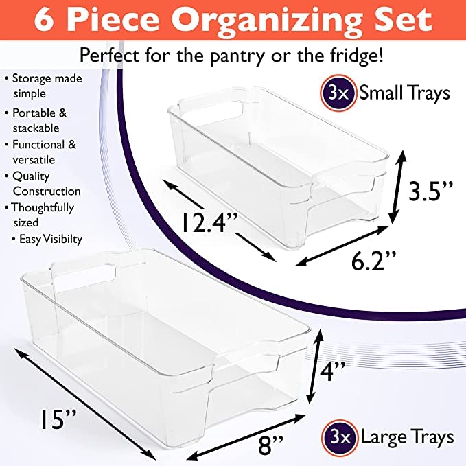 Snazzy Fridge Storage Organizer Boxes Stackable Refrigerator Bins For Freezer Kitchen Countertops Cabinets Clear Plastic Pantry Storage Racks in Two Different Sizes Set Of 6 - Image 2
