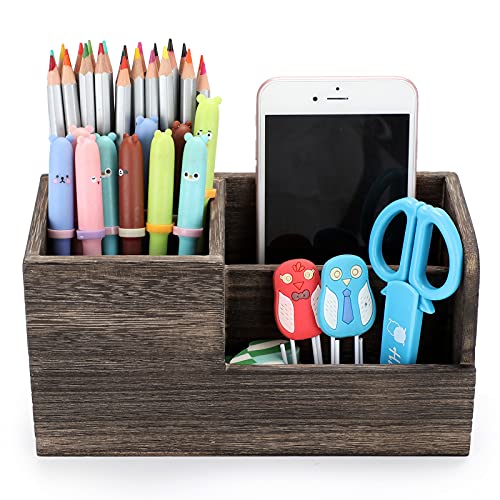 BTSKY Desk Pen Pencil Holder Retro Wood Multi-Function Desk Stationery Organizer Storage Box Pen/Pencil, Business Name Cards Remote Control Holder Office Home Accessories Organizer Vintage Brown - Image 2