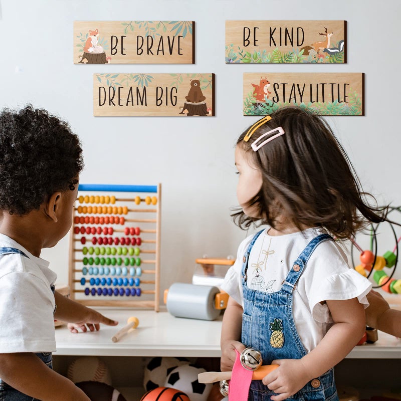 Yookeer 4 Pieces Woodland Nursery Decor Safari wall art Be kind brave curious Cute Jungle Animal Nursery Decor for Bedroom living room home 11x 3.9 Inches(Cute Animals,Light Brown Background) - Image 5