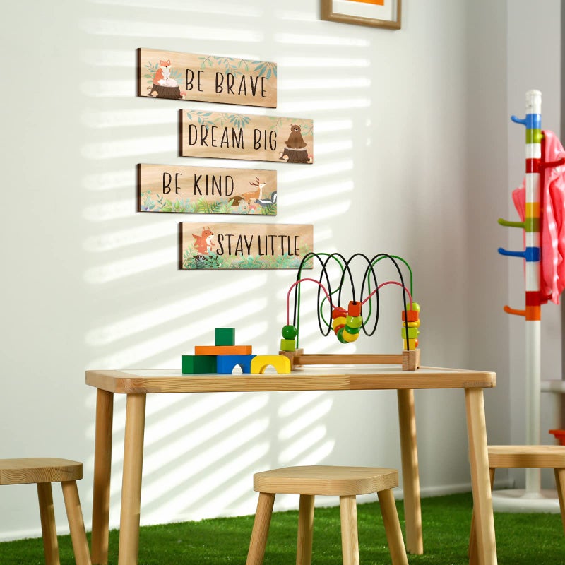 Yookeer 4 Pieces Woodland Nursery Decor Safari wall art Be kind brave curious Cute Jungle Animal Nursery Decor for Bedroom living room home 11x 3.9 Inches(Cute Animals,Light Brown Background) - Image 4