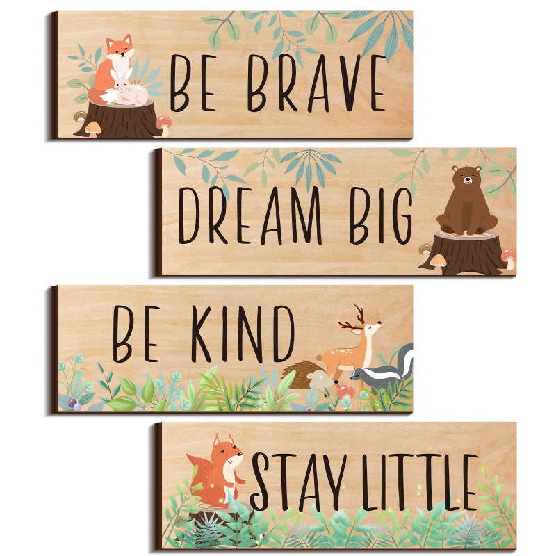 Yookeer 4 Pieces Woodland Nursery Decor Safari wall art Be kind brave curious Cute Jungle Animal Nursery Decor for Bedroom living room home 11x 3.9 Inches(Cute Animals,Light Brown Background) - Image 1