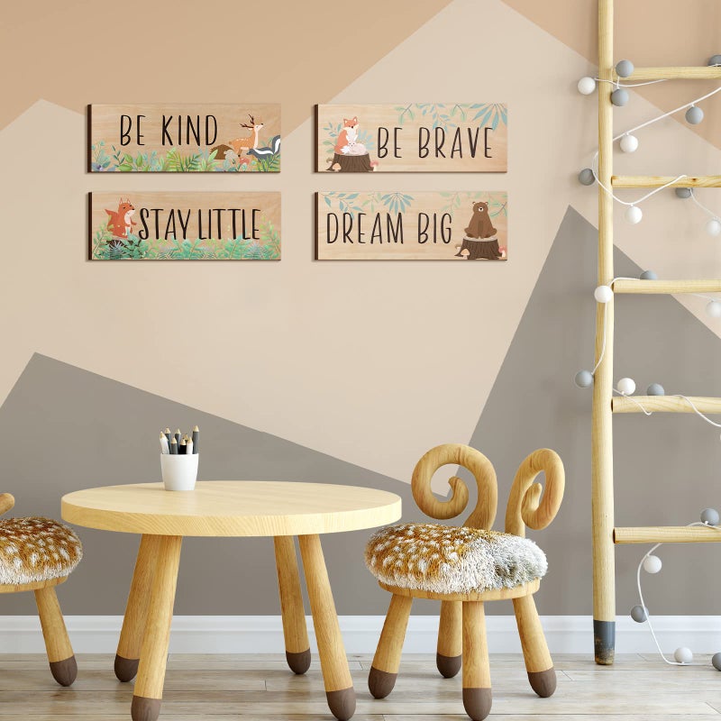 Yookeer 4 Pieces Woodland Nursery Decor Safari wall art Be kind brave curious Cute Jungle Animal Nursery Decor for Bedroom living room home 11x 3.9 Inches(Cute Animals,Light Brown Background) - Image 2