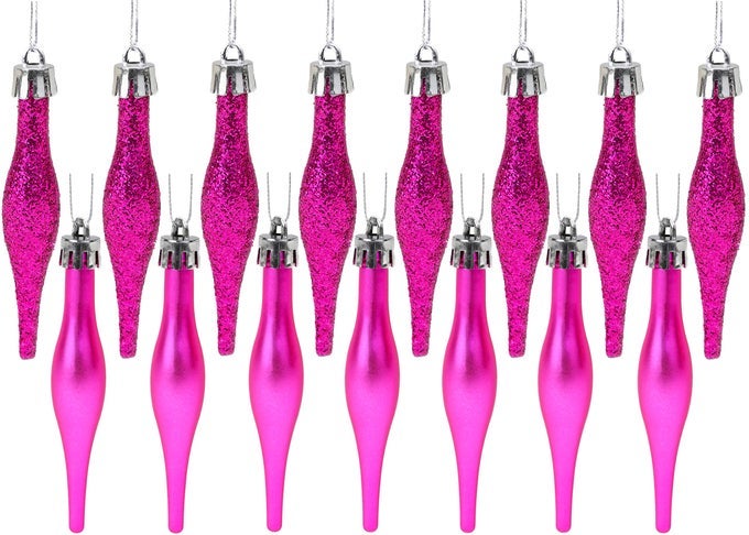 PACK OF 1585CM 85MM 34 DROPLET BAUBLES MATTE GLITTER DESIGN CHRISTMAS BAUBLES HOT PINK