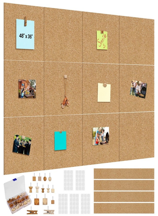 Aodaer 12 Pack Cork Boards 48" x 36" Thick Bulletin Board Tiles with 4 Frameless Cork Strips Pin Board Bar Strips with Push Pins Clips for Office School Home Walls - Image 1