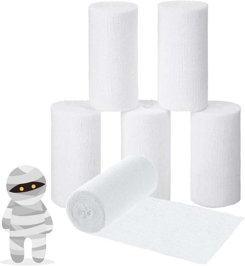 أربطة شاش قطنية مومياء لأداء الهالوين، لفات شاش بيضاء، لف مومياء زومبي، ضمادة كريب، ملابس تنكرية، لفافة ضمادة مرنة، ملحقات تصوير مصابة (6 لفات)