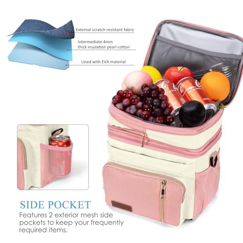 MIYCOO Lunch Bag & Lunch Box for Women Men, Double Deck Leakproof Insulated Soft Large Adult Camping Cooler bag for Work, Beach, Picnic, Travel (Pink White, 15L) - Image 4