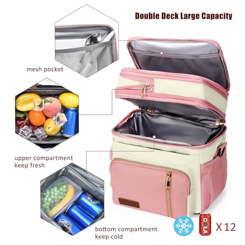MIYCOO Lunch Bag & Lunch Box for Women Men, Double Deck Leakproof Insulated Soft Large Adult Camping Cooler bag for Work, Beach, Picnic, Travel (Pink White, 15L) - Image 5