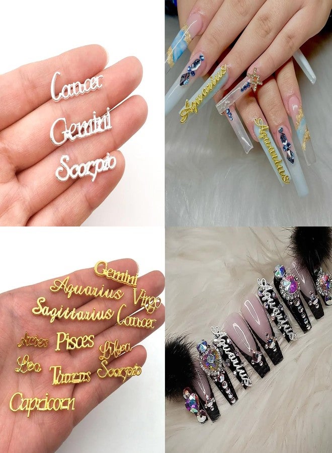 HYWWPFLAY 48pcs Zodiac Letter Nail Charms for Acrylic Nails Alloy Twelve Constellation Zodiac Sign Charm Jewels Studs Hollow Letter Nail Art Nail Decoration DIY Craft for Home&Salon - Image 5