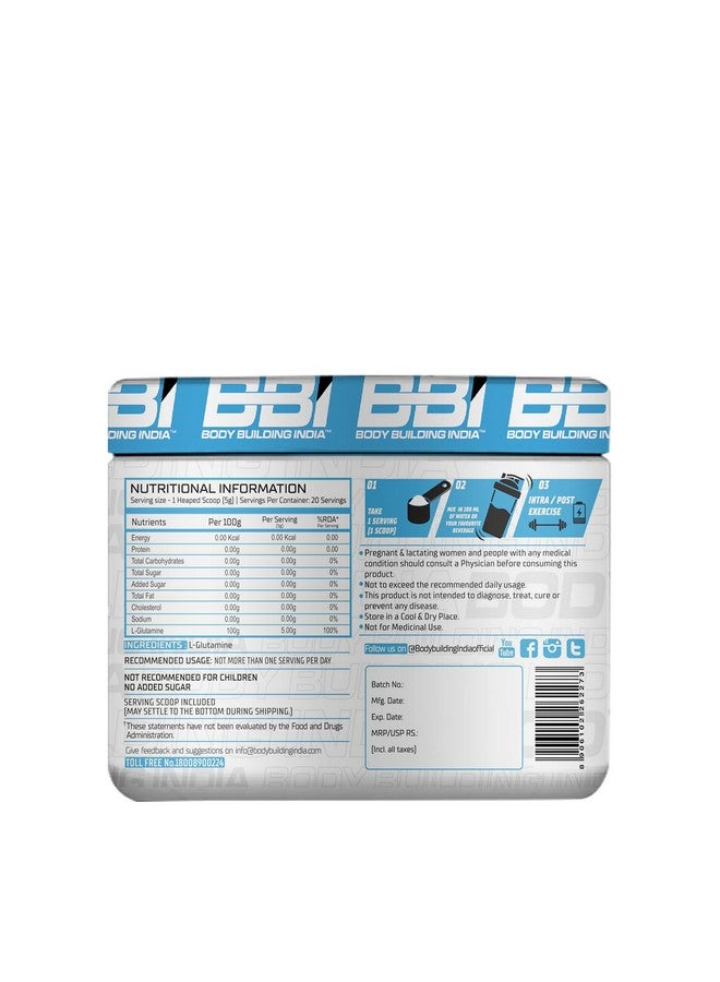 BBI- Body Building India L-Glutamine 100g (20 Servings) - Image 2