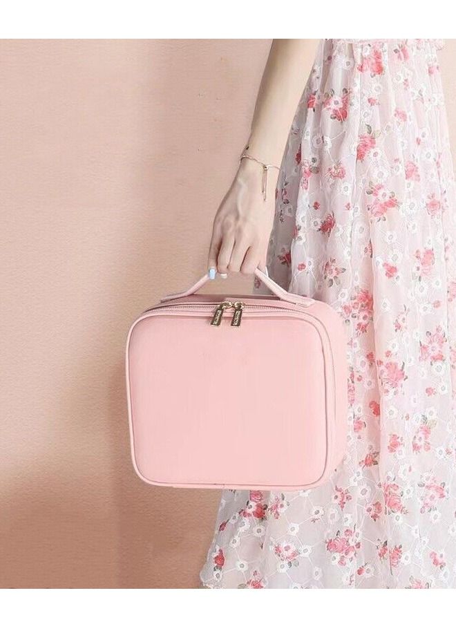 حقيبة مكياج ذكية بإضاءة مرآة سعة كبيرة حقيبة تجميل احترافية للسيدات منظم سفر مجموعة تخزين الجمال وردي - Image 3