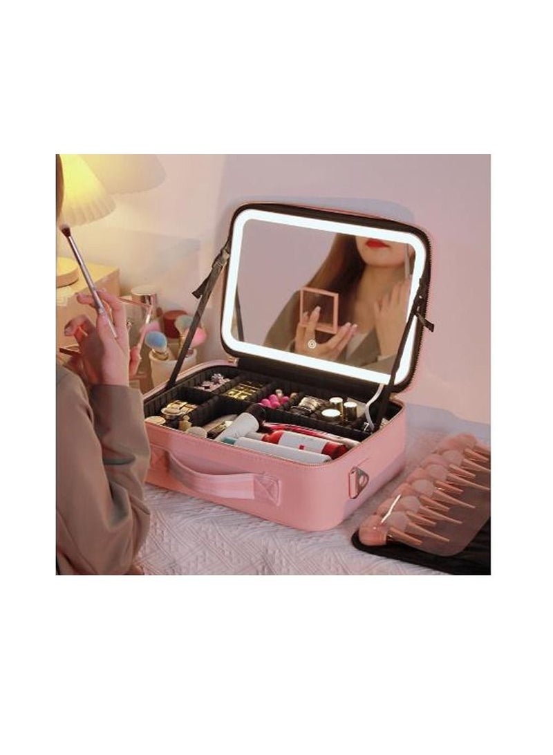 حقيبة مكياج ذكية بإضاءة مرآة سعة كبيرة حقيبة تجميل احترافية للسيدات منظم سفر مجموعة تخزين الجمال وردي - Image 2